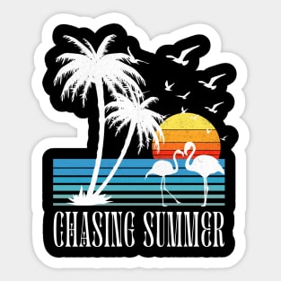 Chasing Summer T-Shirt: Flamingo and Palm Tree Silhouette - Retro Sunset Tee Sticker
